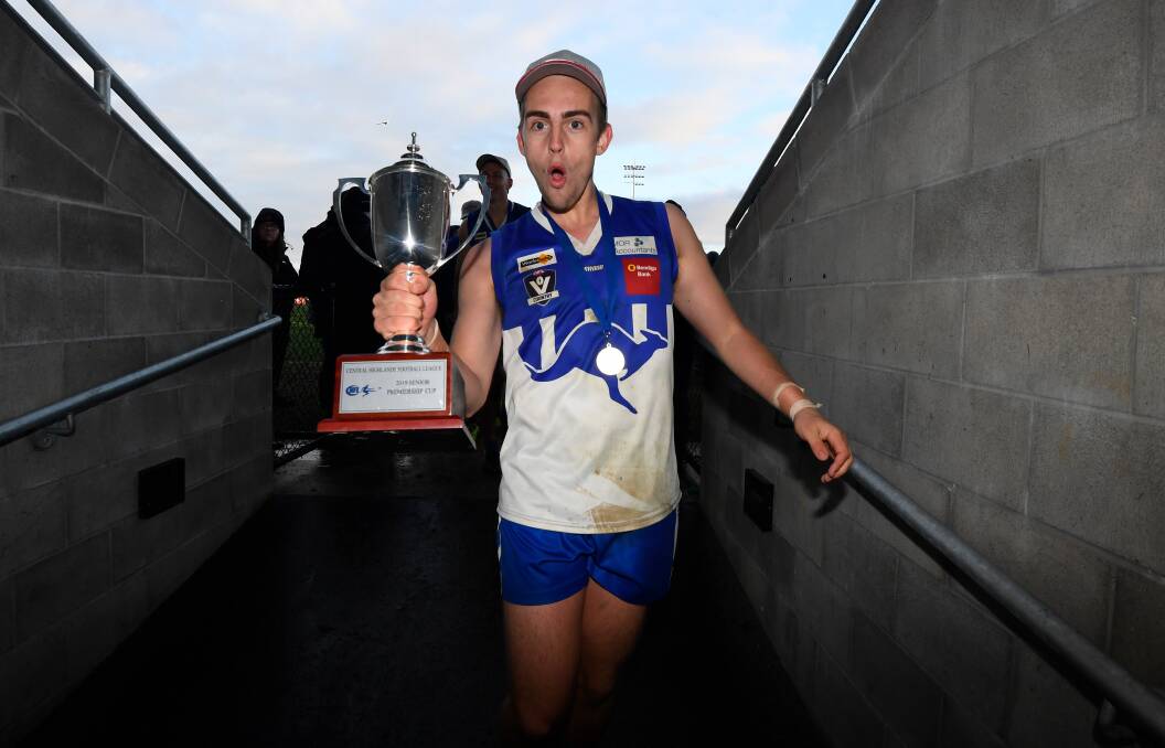 Ben McDonald with Waubra's 2019 premiership cup. Picture: Adam Trafford