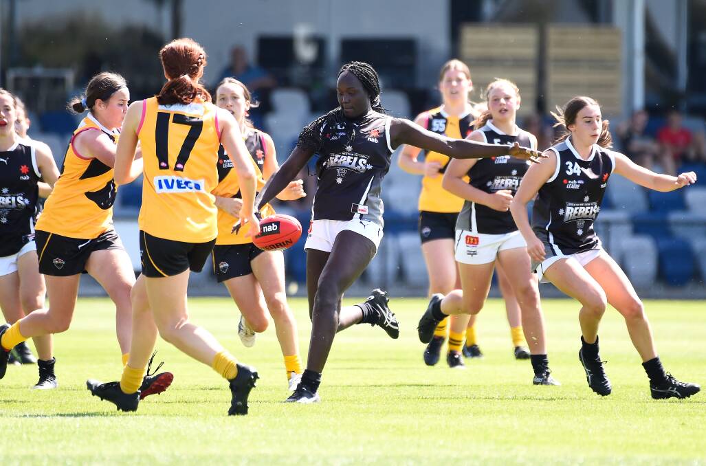 Nyakoat Dojiok was best on ground against Dandenong and will be important in the Rebels match-up with Bendigo on Wednesday. Picture: Adam Trafford