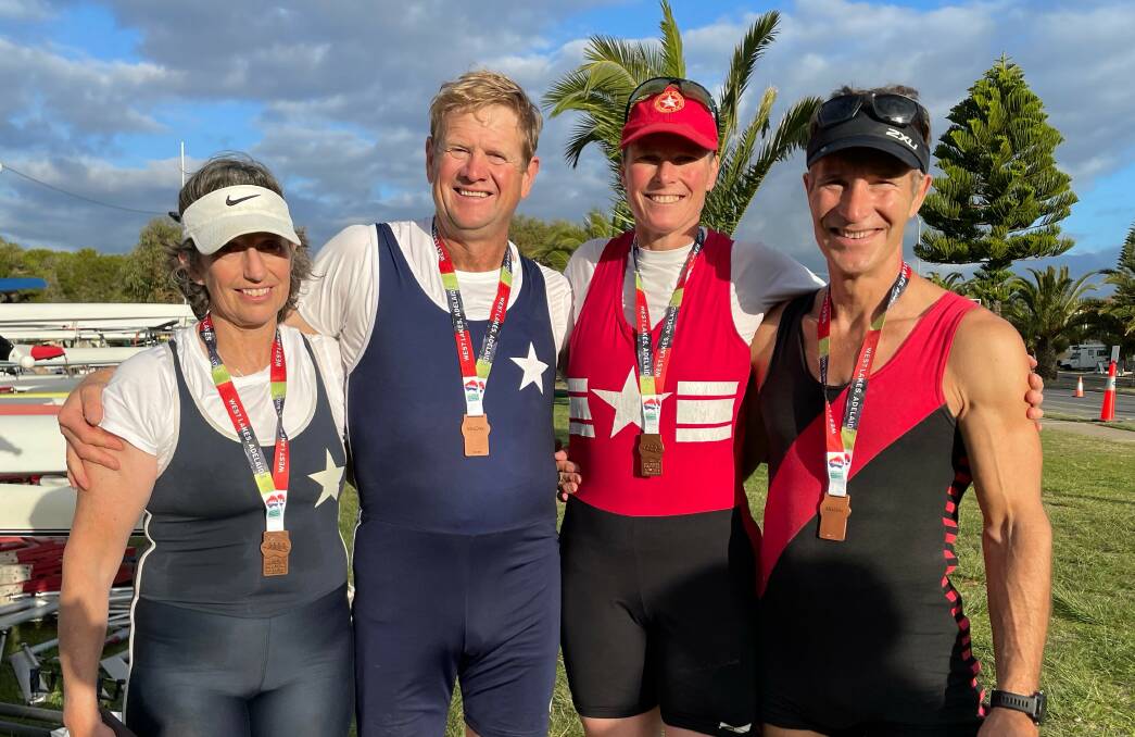 Kathy Lloyd and Andrew Leehane (Ballarat City), Lee-Anne Martin (Wendouree) and Tim Juzefowicz (Essendon) celebrate claiming another medal.