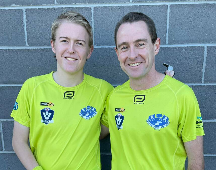 FAMILY: Hamish and Brent Irvin umpired their first BFNL senior game together at the weekend. Picture: BFUA