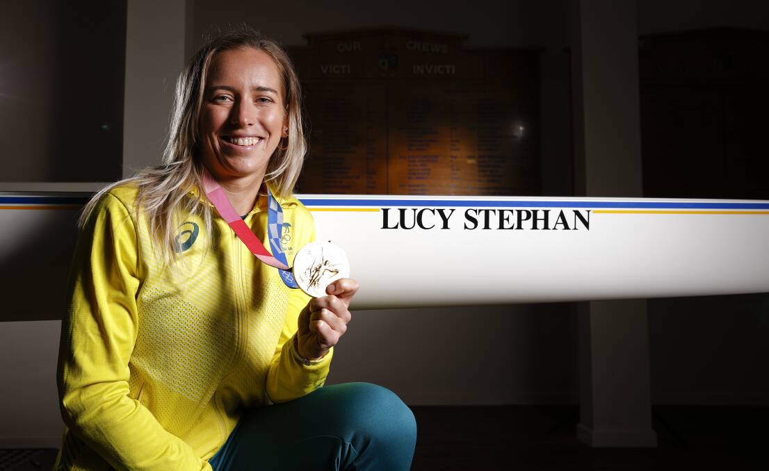 Lucy Stephan returned to Ballarat Grammar School with gold medal in hand and was able to inspect the boat named in her honour. Picture: Luke Hemer