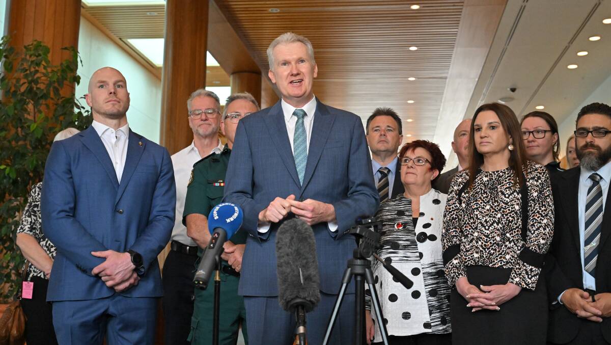 Independent senator David Pocock, Minister for Employment Tony Burke and Jacqui Lambie Network Senator Jacqui Lambie at a press conference at Parliament House. Picture by AAP Image/Mick Tsikas. 