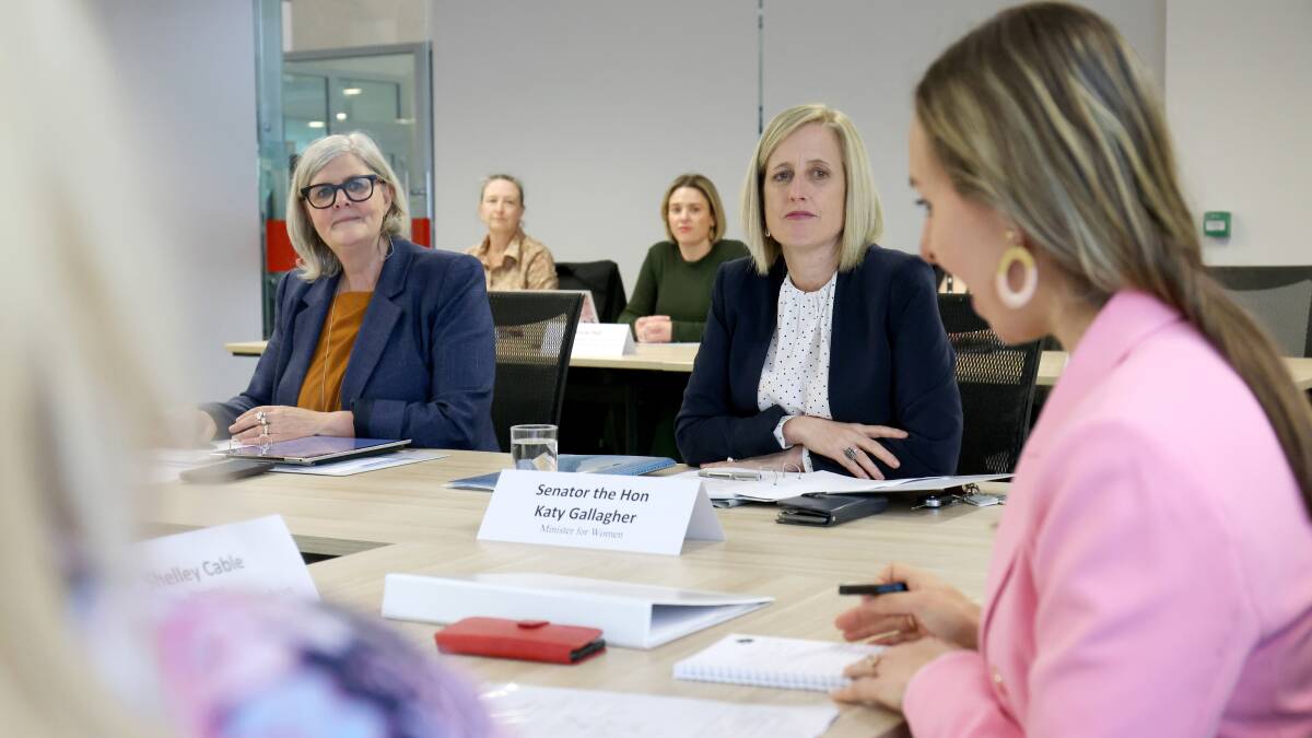 Sam Mostyn and the Minister for Women Katy Gallagher and Shelley Cable, director of Minderoo Foundations Generation. Picture by James Croucher
