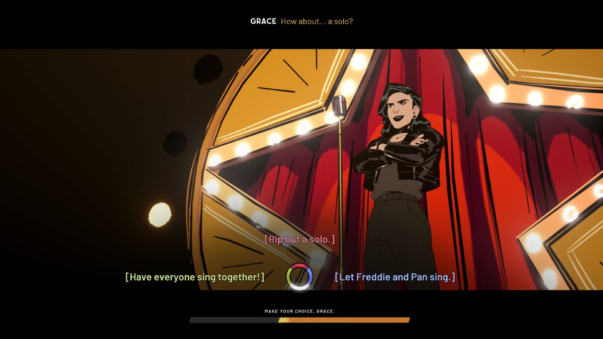A screenshot showing player character Grace making a key decision mid-song. Image supplied