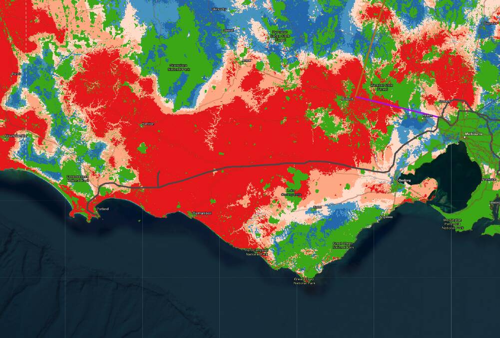 The heat map produced by ANU shows south-west Victoria lit up in red, indicating it is a prime area for low-cost wind power generation.