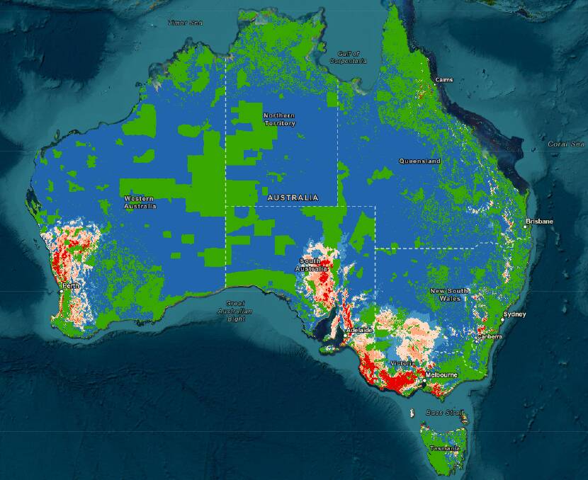 The same heat map showing wind energy potential for Australia.