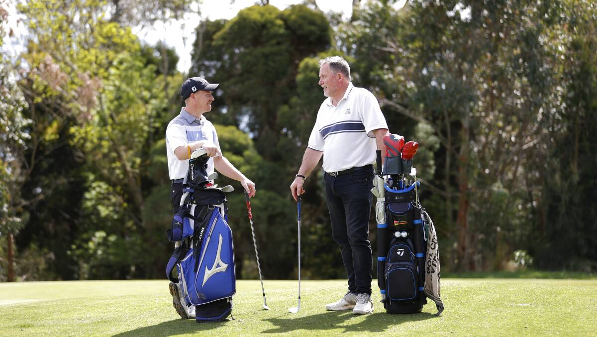 TEE FOR TWO: PGA golf pro Darren Bowman and Greg Walsh are ready for the Ballarat Men's Mental Health golf day. Picture: Luke Hemer.