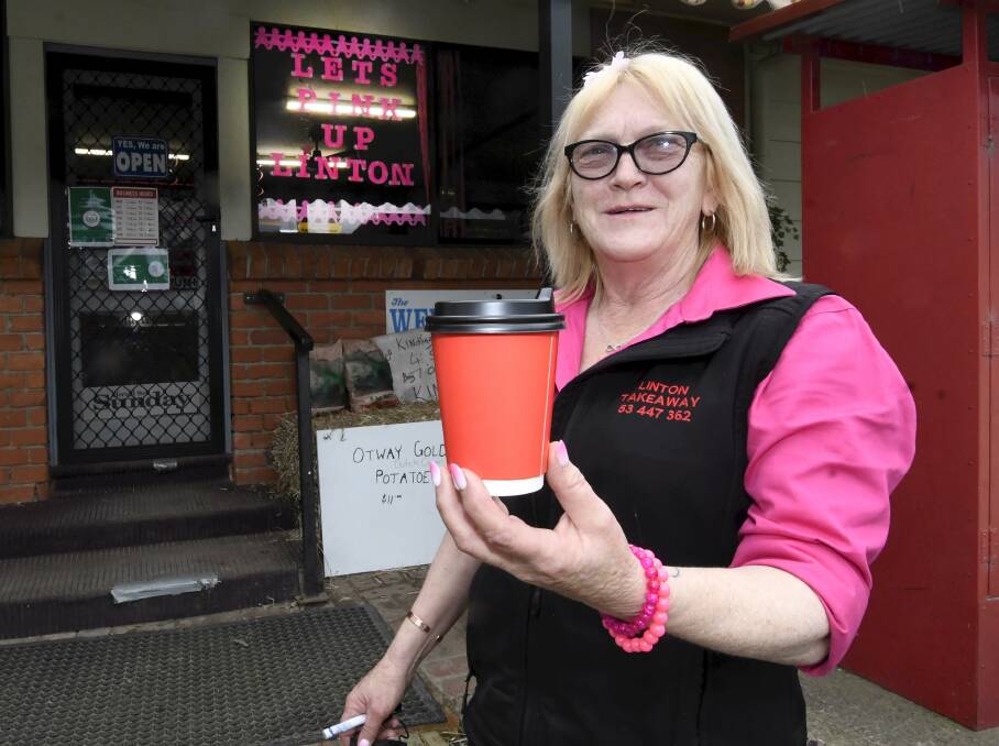 PROUD IN PINK: Linton Takeaway owner Cristine Gall is doing her bit to contribute to the McGrath Foundation. Picture: Lachlan Bence.