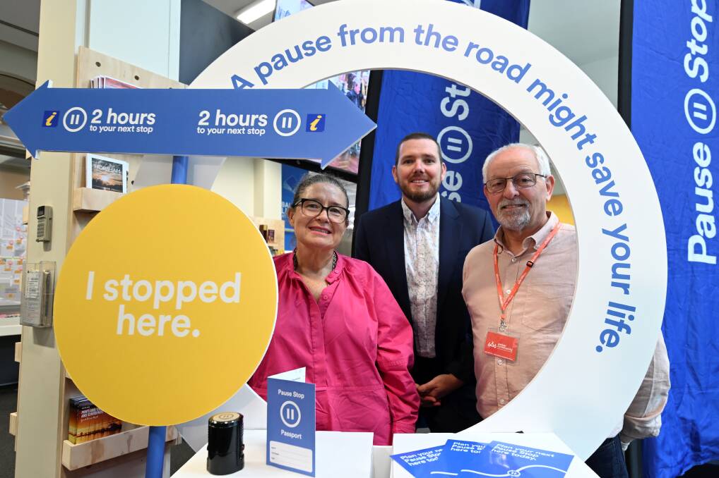 TAC Head of Road Safety Samantha Cockfield, VTIC acting CEO Chris Porter and Ian Aranyosi have launched "Pause Stop" in Ballarat, an initiative urging drivers to take a break during long drives this holiday season. Picture by Lachlan Bence