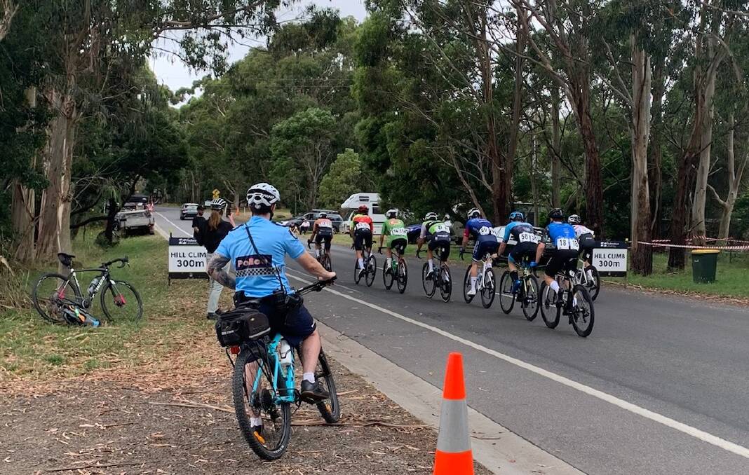 Police on the beat at the 2022 Road National Cycling championships in Buninyong. Photo: Eyewatch - Ballarat Police Service Area Facebook page.