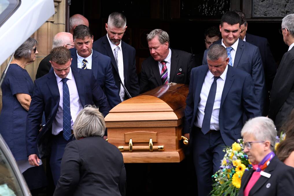Graeme Beaston's coffin is carried out of Ballarat's St Patrick's Cathedral on Tuesday, March 19, 2024. Picture by Adam Trafford