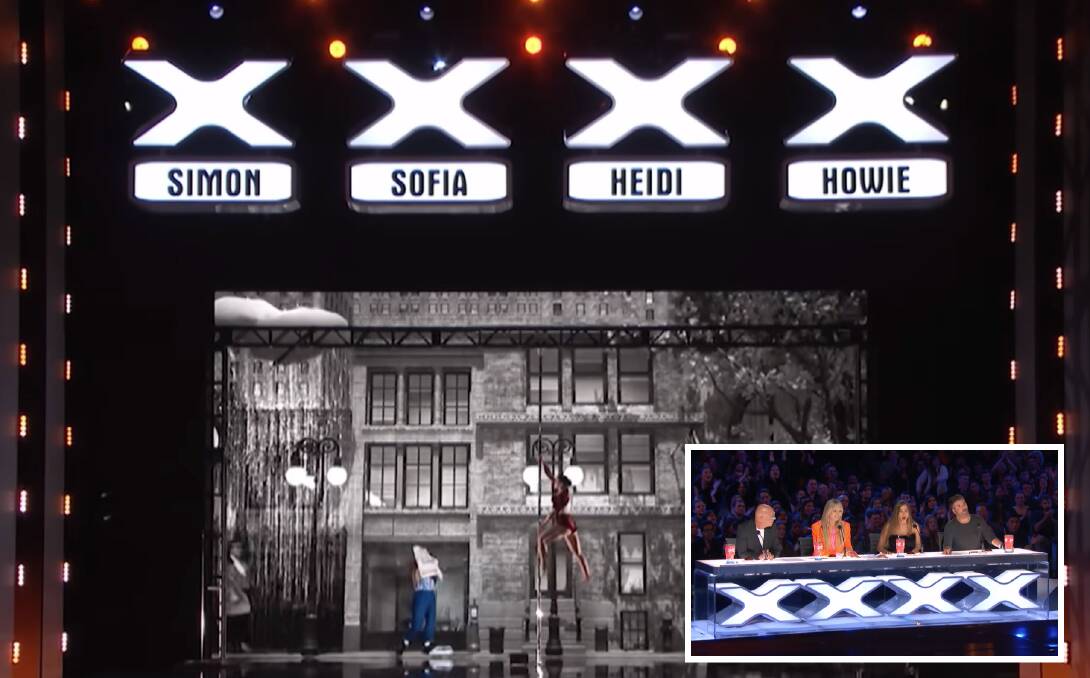 WORLD STAGE: Kristy Sellars appears on America's Got Talent in front of Howie Mandel, Heidi Klum and Sofia Vergara and Simon Cowell (inset). Picture: NBC 