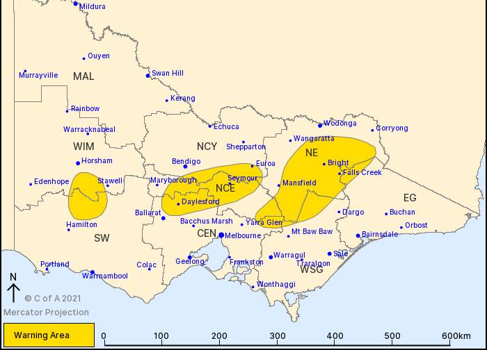 Daylesford is in for more damaging winds tomorrow morning. Map: Bureau of Meteorology.