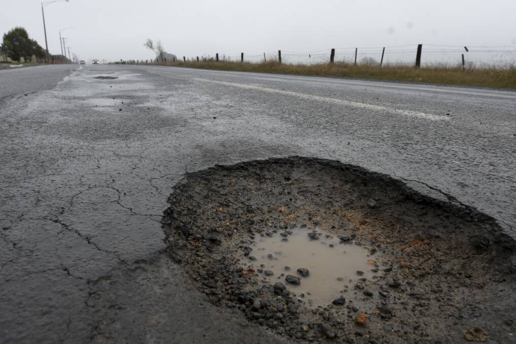 A pothole along Dyson Drive, Alfredton. Picture by Lachlan Bence. 