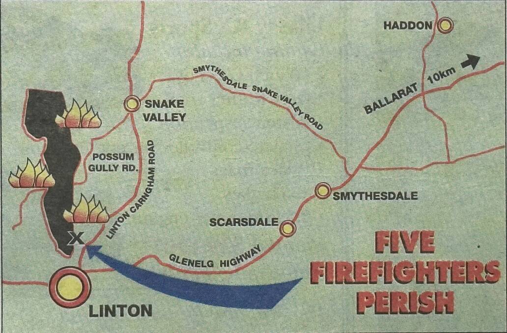 An illustration of the fireground and where the Geelong West crew were killed, published in The Courier on Thursday, December 3, 1998. 