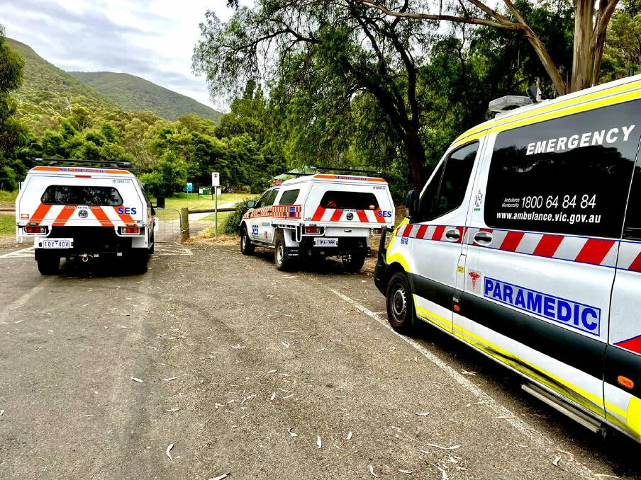 Two VICSES vehicles and an ambulance at the scene of the rescue on December 29. Picture supplied. 