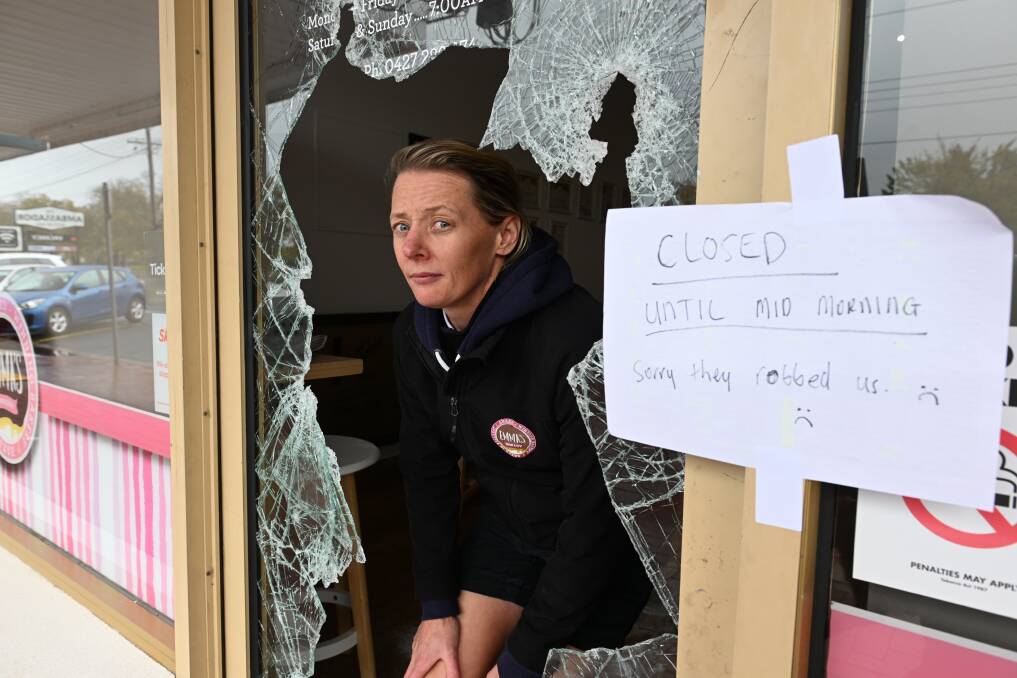 Emma's Bakery owner Emma Conroy assesses the damage following the break-in. Picture by Lachlan Bence
