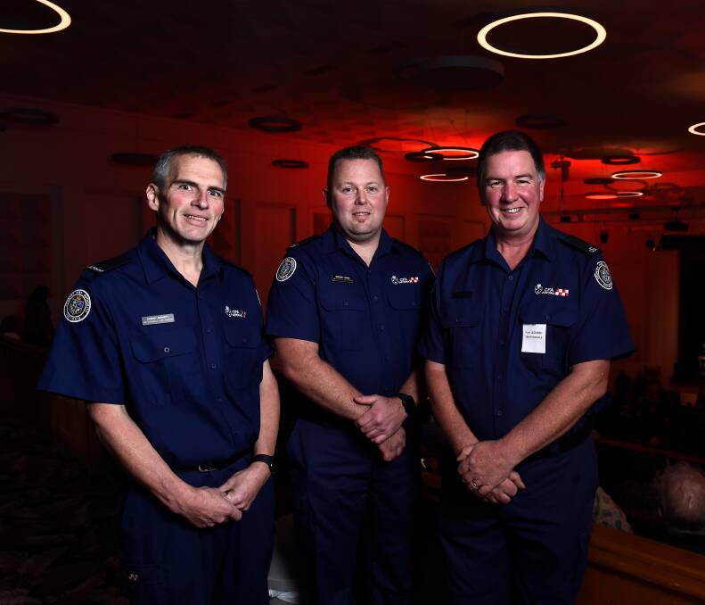 Damian Merrett, Greg Parker and Paul Leonard of the Smythesdale Fire Brigade at Sunday's award ceremony. Pictures by Kate Healy. 