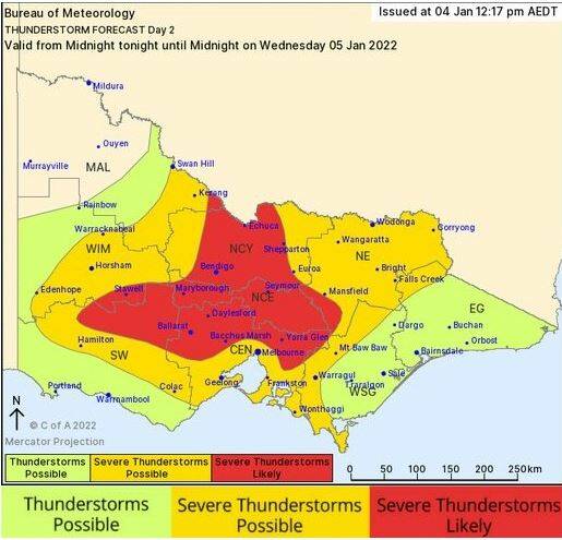 Ballarat is likely to see severe thunderstorms roll across the city tomorrow. Map: Bureau of Meterology