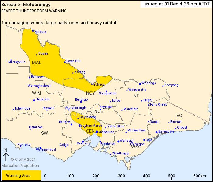 A severe weather warning has been issued for areas north of Ballarat. Map: Bureau of Metreology 