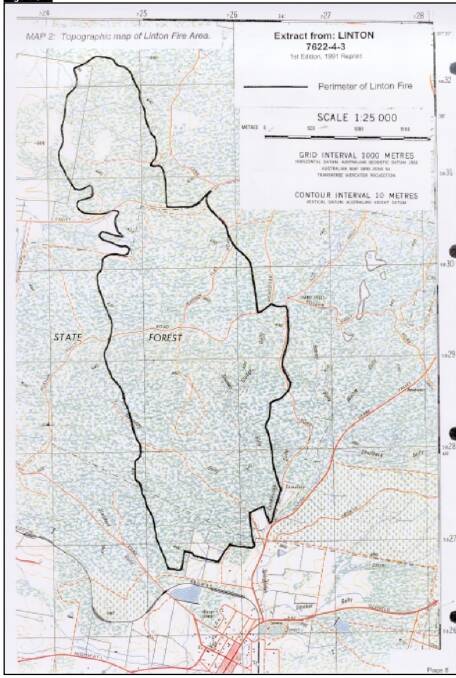An image from the coronial investigation into the Linton bushfire deaths outlining the perimeter of the blaze. 