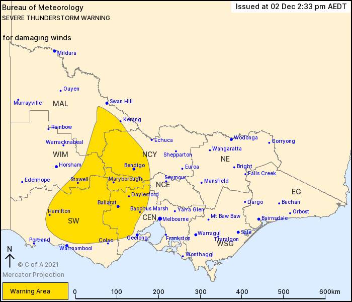 Ballarat is in the middle of the warning area. Map: Bureau of Metreologhy 