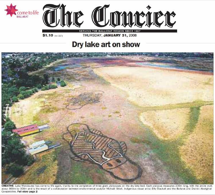 The front page of The Courier on Thursday, January 31, 2008 showing the giant platypuses mowed into the lake. 