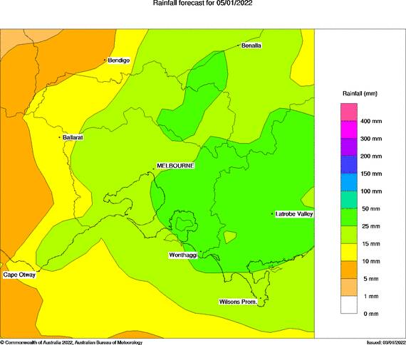 Rainfall forecast for Ballarat tomorrow. Map: Bureau of Meteorology 