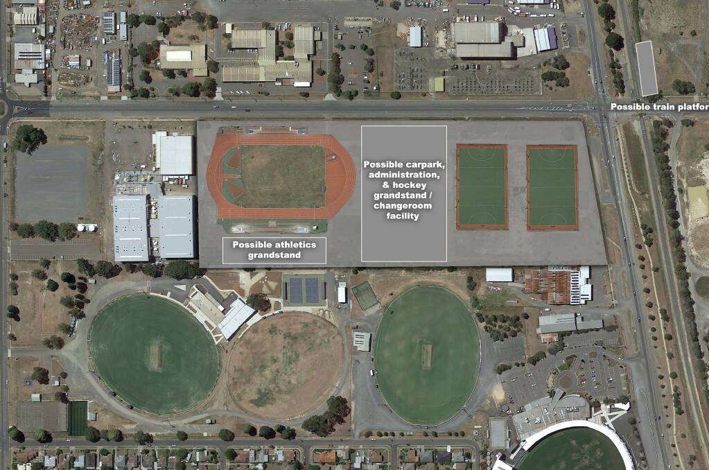One option would see an athletics track placed at the John Valves site alongside two hockey pitches with office, change room and grand stand space. Graphic: Adam Spencer