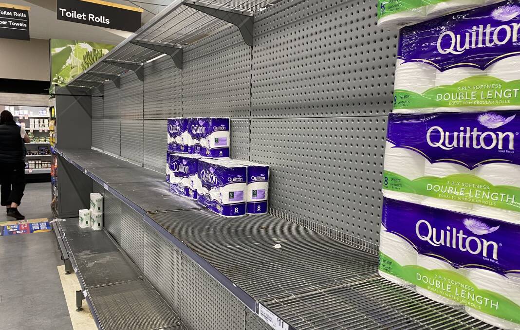 A quickly reducing supply of toilet paper at the Woolworths Ballarat Central store on Tuesday. 