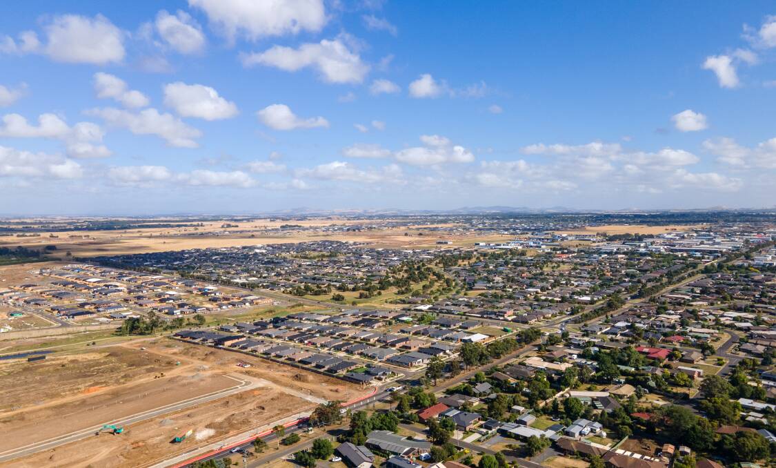 Unabated growth: drone image looking north-west of Ballarat from Delacombe. Photo: Adam Spencer