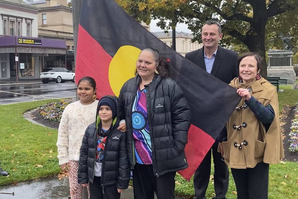 Marking Reconciliation Week 2022: Rachel Muir (middle) with her two children Samarah and Samuel Zakkam and City of Ballarat mayor Daniel Moloney and Cr Belinda Coates. 