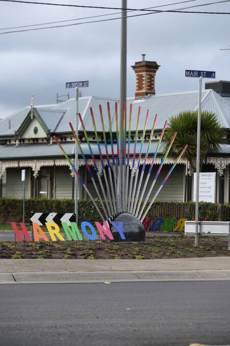 The first home of the harmony sculpture at the roundabout of Mair and Ripon streets. Photo: Lachlan Bence