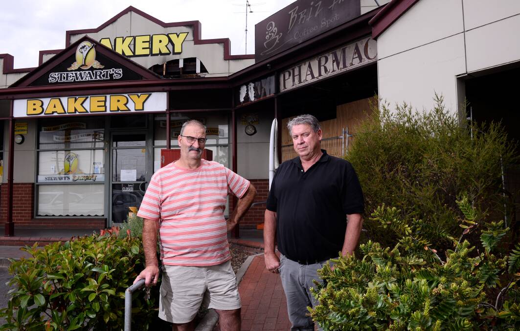 Determined to rebuild: Stewart's Bakery co-owner Noel Stewart and Mount Clear post office and newsagency owner Brian McKinnis. Photo: Adam Trafford