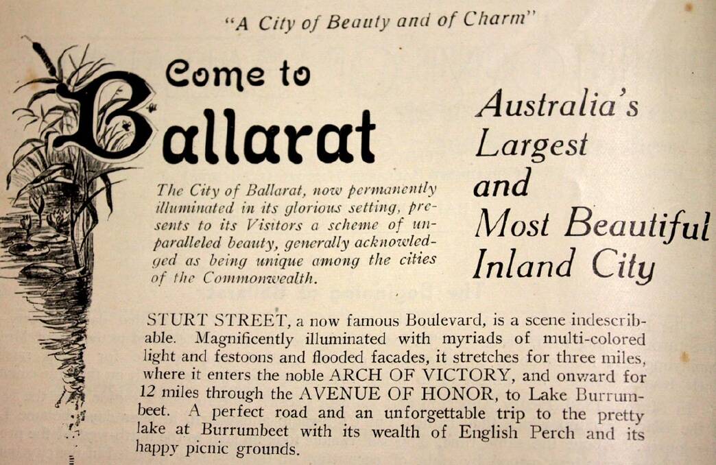 A 1935 advertisement for Ballarat describing it as Australia's "most beautiful inland city". The polluted Yarrowee River, unsurprising, received no mention. 