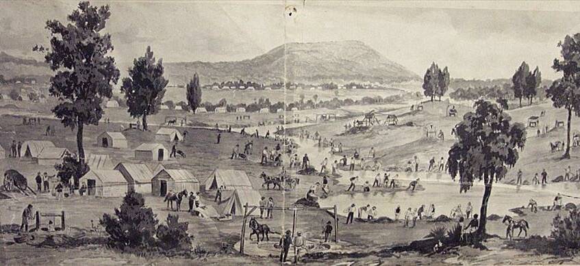 Black and white magazine clipping of a watercolour c.1853 depicting diggers working a goldfield along the Yarrowee River, with Mount Warrenheip in the background. Source: Ballarat Historical Society Inc.