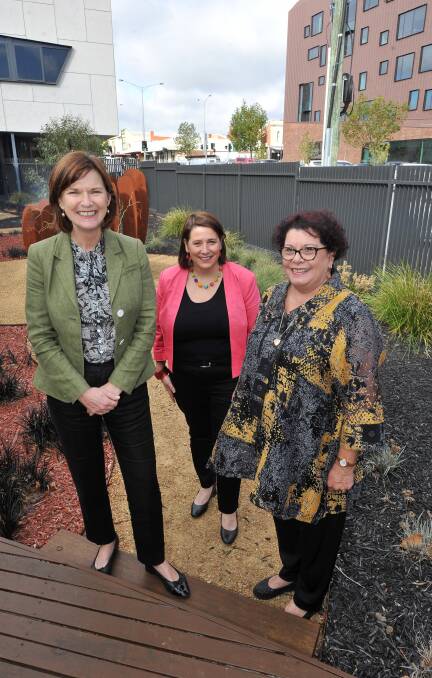 Minister for Regional Development Mary-Anne Thomas with Wendouree MP Juliana Addison and BADAC chief executive Karen Heap. Photo: Lachlan Bence