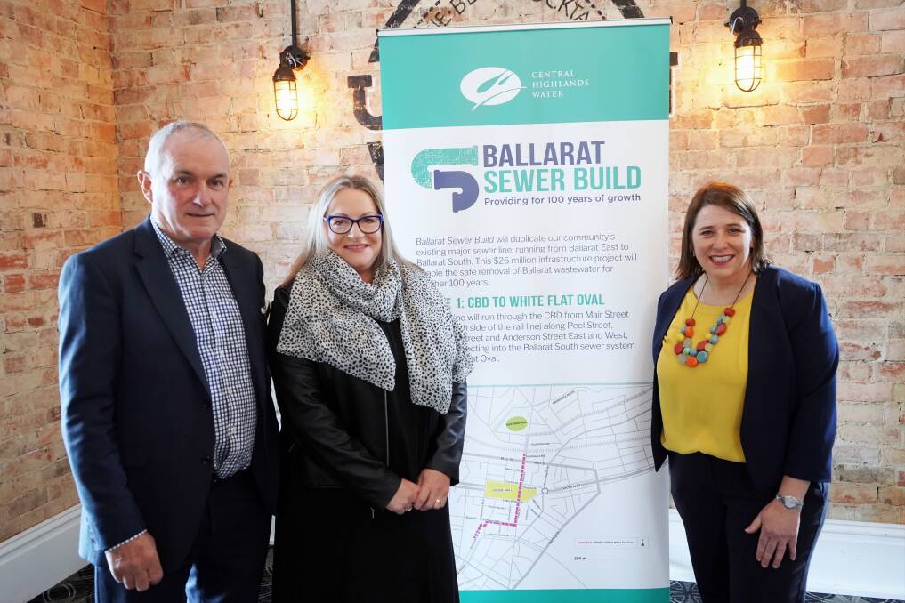 New Sewer: CHW Managing Director, Paul O'Donohue, CHW Chair, Angeleen Jenkins and Member for Wendourree, Juliana Addison attending the Sewer Build Stage 1 Completion Milestone Event. Picture: Andrew Wilson