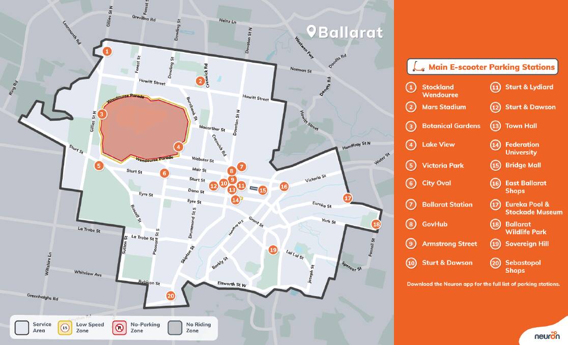E-Scooter Riding area for Ballarat's 12-month trial PICTURE: Neuron Mobility