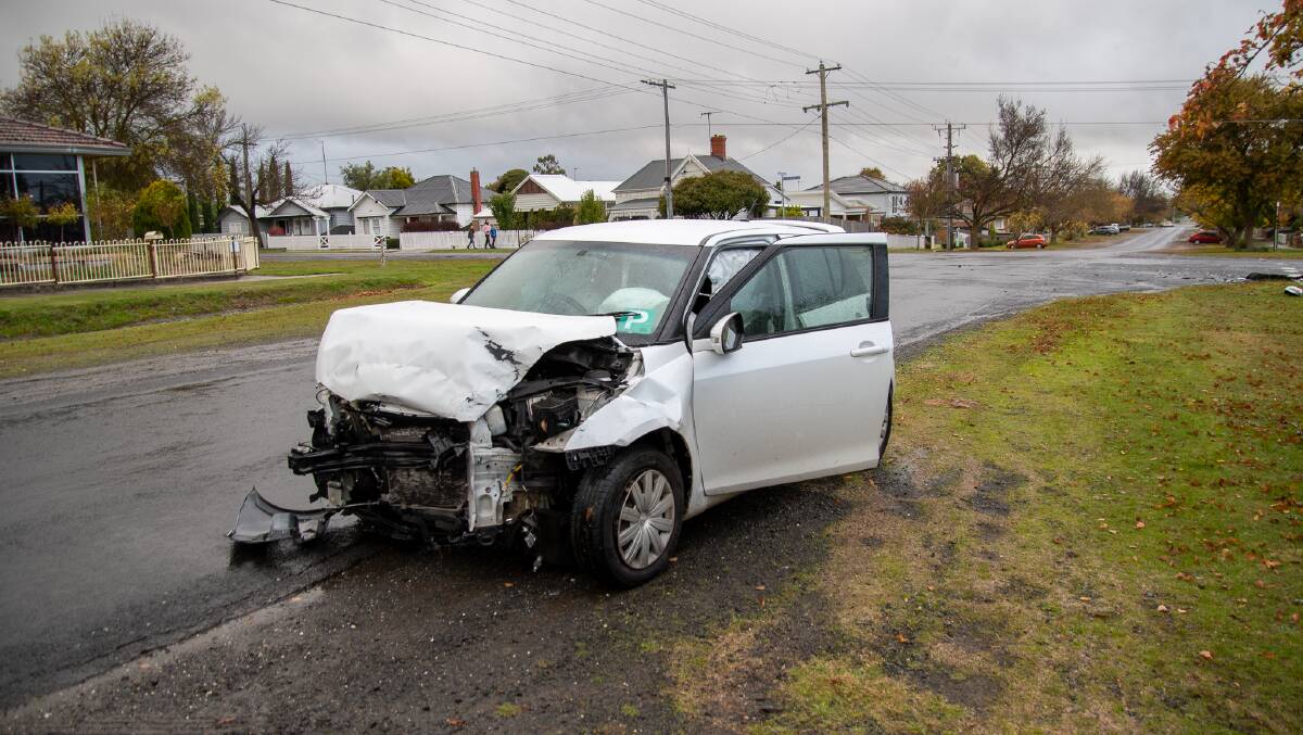 The hatchback involved in a crash on Monday at the intersection of Talbot and Darling Streets in Redan. Photo supplied. 