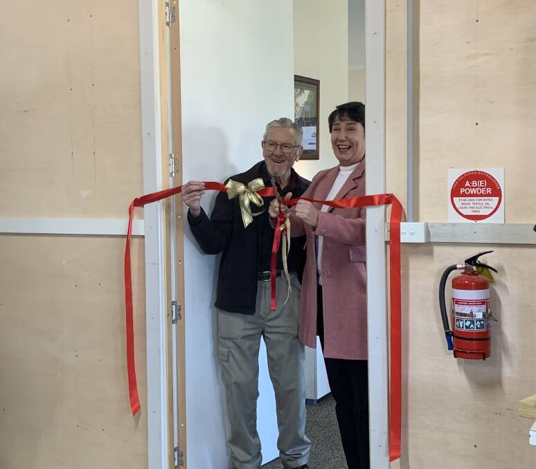 OPEN: Linton Men's Shed president Frank Clarey with Member for Buninyong Michaela Settle at the ribbon cutting on Saturday. Picture: Ellie Mitchell.