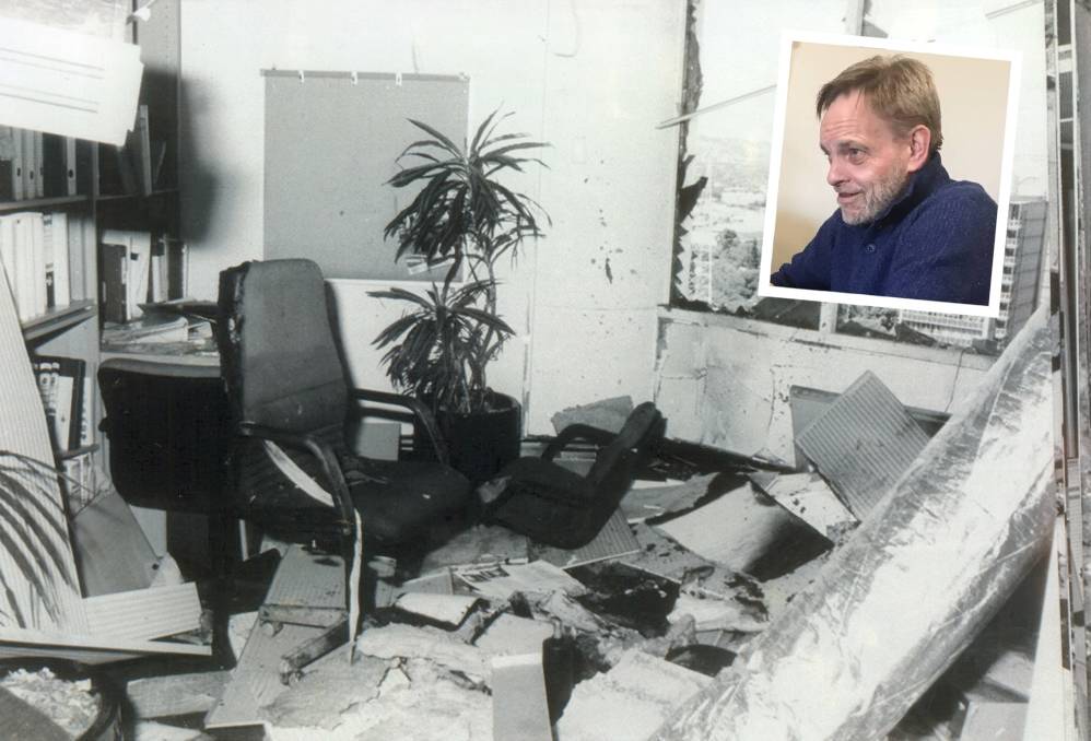 The aftermath of the bombing at the NCA in Adelaide CBD in 1994. Peter Wallis inset, photo supplied. 