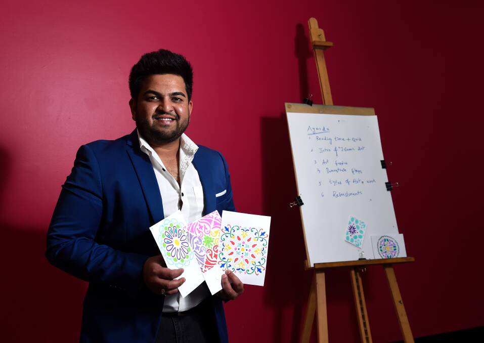 SHARING CULTURE, SHARING HISTORY: Islamic art workshop organiser Pattan Tausif with some of the works produced for the Harmony Week event at the Art Gallery of Ballarat. Photo: Adam Trafford.