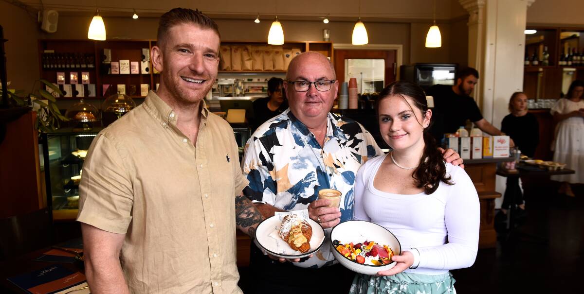 The Turret Cafe owner LeRoy Hand, City of Ballarat mayor Cr Des Hudson and Cr Hudson's daughter Molly are all eager to see how residents and potential visitors embrace the council's new events calendar website, Ballarat In the Know. Picture by Adam Trafford. 