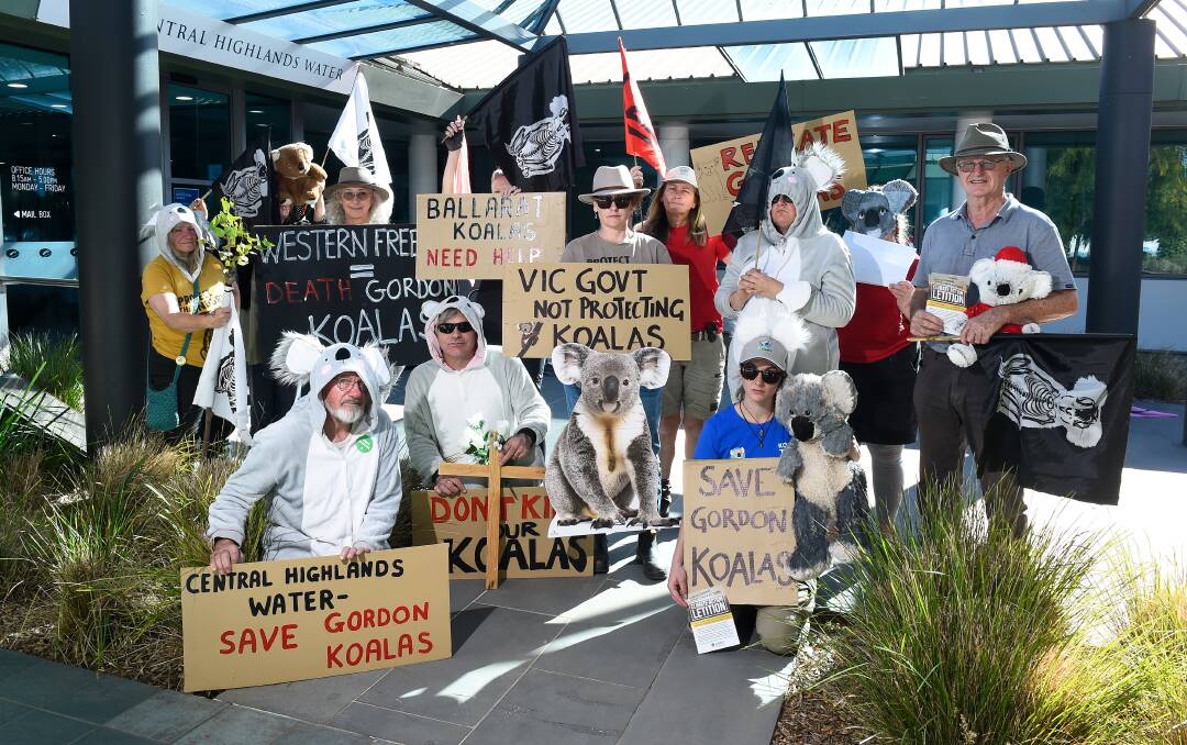 Extinction Rebellion Ballarat protested outside the offices of Central Highlands Water in Wendouree on March 17 seeking answers on the welfare of four koalas who have been living in a blue gum plantation in Gordon since about March 2022. Picture by Adam Trafford.