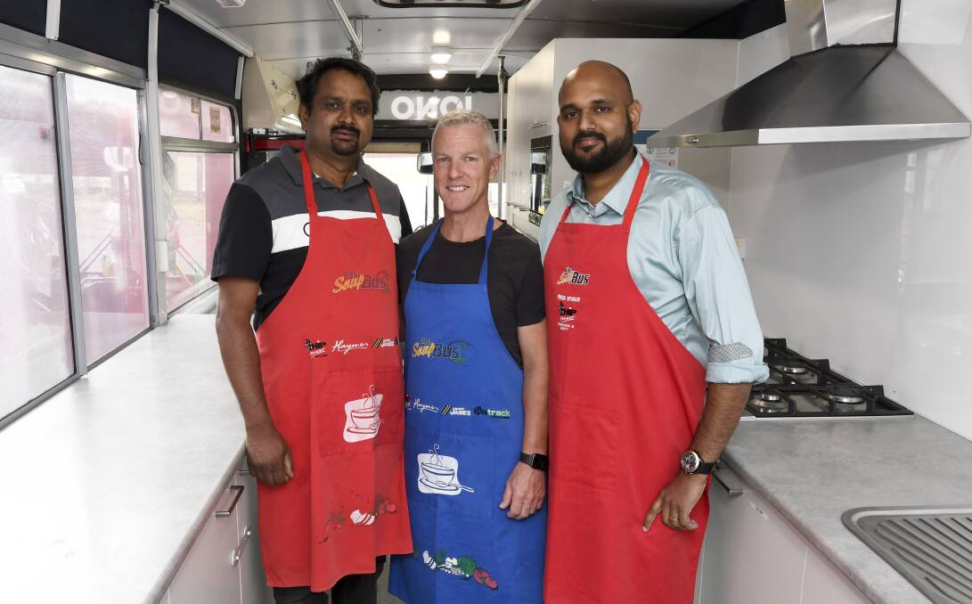 Ballarat Keralites' Foundation Of Australia chairman Sijo George, Ballarat SoupBus founder Craig Schepis and Ballarat Keralites' Foundation Of Australia public relations officer Binsu Baby are gearing up for their Taste of India food fundraiser on March 19 with all profits to go to the Ballarat SoupBus. The event is part of the city's Harmony Fest. Picture by Lachlan Bence. 