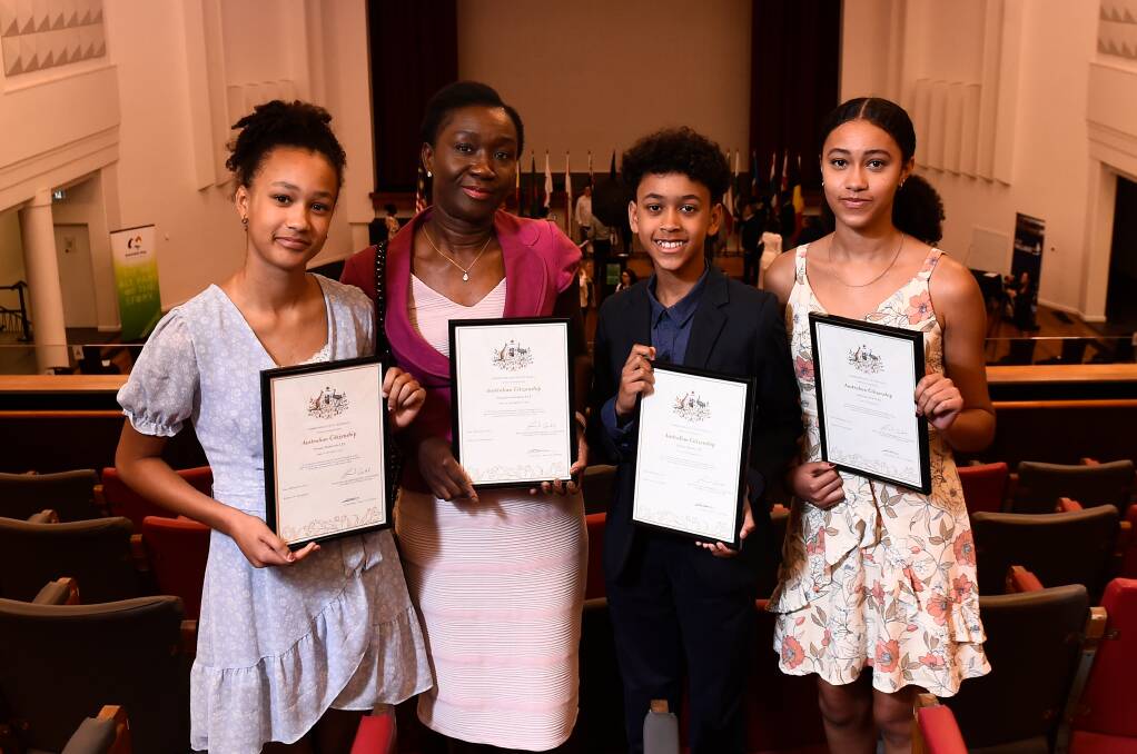 Naomi Lee, Yewande Lee, Nathan Lee and Gabrielle Lee were among the 79 people in Ballarat who became Australian citizens on the Australia Day public holiday at Civic Hall. Picture by Adam Trafford. 