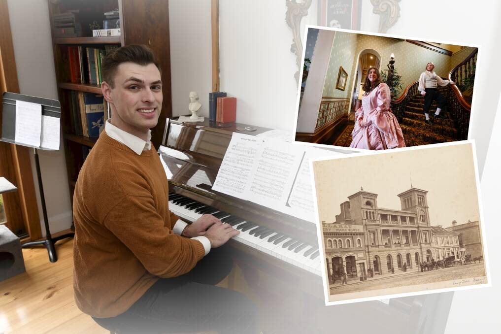 BallaRat artistic director Reuben Morgan at his piano on April 19 2022. Inset, Clementine Sawyer and Ciaran Corrigan performing at the Craig's Hotel and a photo of the hotel in 1866.