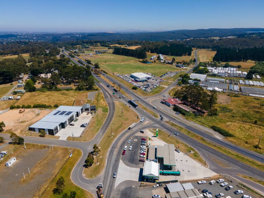 Drone perspective of the Western Highway and Old Melbourne Road inntersection. Picture by Adam Spencer. 