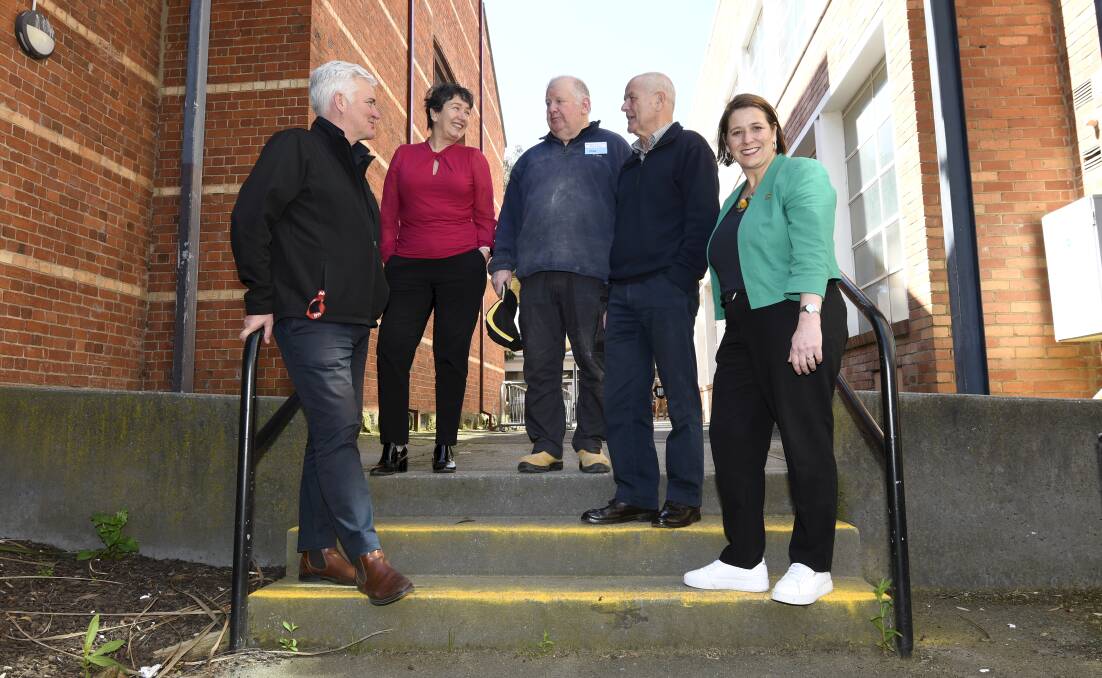Ballarat Group Training chief executive Graham McMahon, Member for Buninyong Michaela Settle, men's shed member Greg Cook, BGT chair Bob O'Shea and Member for Wendouree Juliana Addison. Picture by Lachlan Bence. 